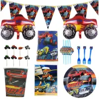 98 ชิ้น/เซ็ต Blaze and the Monster Machines Party Supplies ชุดอาหารทิ้งชุดลูกโป่งงานเลี้ยงวันเกิดผ้าปูโต๊ะแผ่นกระดาษ