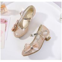 ❀ Gold Silver Style Childrens High Heels 2023 Autumn Korean Version Girls Leather Shoes Kids Baotou Princess