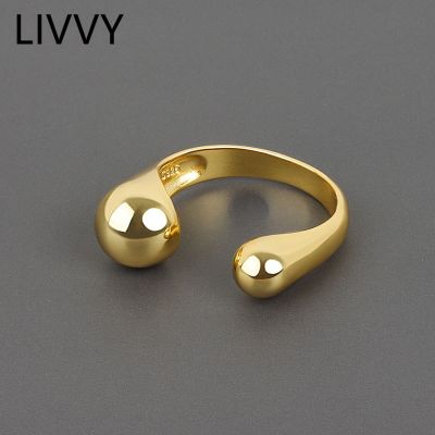 [MM75] LIVVY สีเงินคู่บอลลูกปัดเรขาคณิตเปิดแหวนปรับสำหรับผู้หญิงแฟชั่นบุคลิกภาพพรรคเครื่องประดับของขวัญ