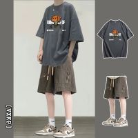 【Hot Sale】 Ruffian handsome short-sleeved t-shirt suit mens summer with overalls a set of trendy brand two-piece