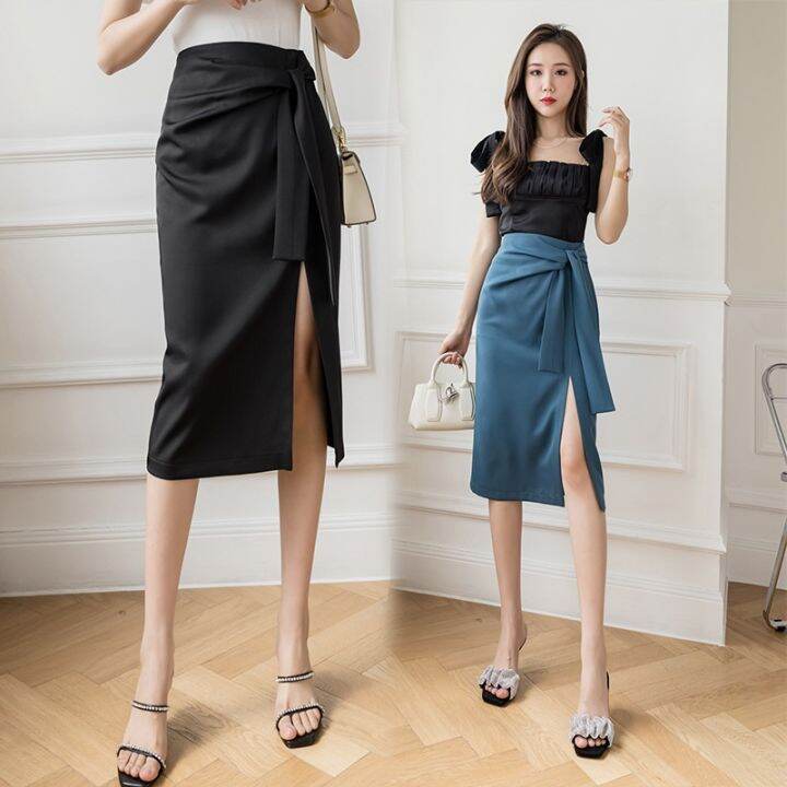 Summer Fashion Mid Length Lace up Design Side Slit Wrap Hip Skirts