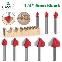 LAVIE 6mm 1/4 shank 90 V Type Slotting Cutter แกะสลักเครื่องมือเซาะร่องเครื่องมือเราเตอร์ชุดบิตความปลอดภัยเครื่องตัดมิลลิ่ง