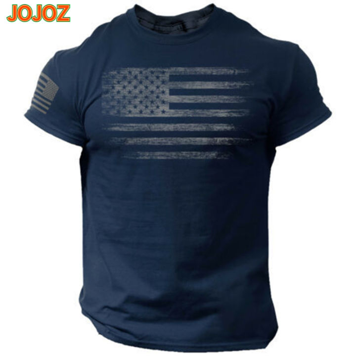 jojoz-เสื้อยืดผู้ชาย-เสื้อยืดแขนแขนสั้นคอกลมลำลองแฟชั่น-baju-atasan-olahraga-พิมพ์ลายธงชาติอเมริกา