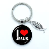 I Love Jesus Symbol Fashion Keychain Holder Handmade Heart Key Chain Glass Cabochon Alloy Pendant Car Key Ring Religion Jewelry Key Chains