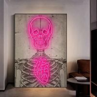 บทคัดย่อ Neon Heart Skull Skeleton งานศิลปะการ์ตูนภาพวาดผ้าใบโปสเตอร์ Vintage Wall Art ภาพโรงพยาบาล Clinic Home Decor ใหม่0922