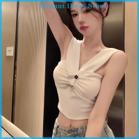 [KP Elegant]?? แขนกุด Tank Top Cropped V คอพิมพ์ Crop Tops 2023ฤดูร้อน Y2k ชุด Tees ไม่สม่ำเสมอ