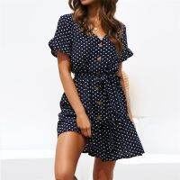 【Ladies shop】ฤดูLadies shop ChiffonPolka Dot Boho Beach DressRuffles แขนสั้น Partydress Sundress Vestidos