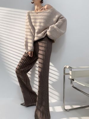 กางเกงขาบานถักลายทางเอวสูงสำหรับผู้หญิงกางเกงยาวไมโครทรัมเปตเอวสูงฤดูใบไม้ร่วงฤดูหนาว