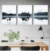 Nordic Animal Deer Family Forest Lanscape ผ้าใบพิมพ์โปสเตอร์ภาพวาดเหมาะสำหรับห้องนั่งเล่น Home Office Decor