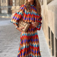 2022 New High Quality Spring High Neck 34 Sleeves Vintage Print Long Dress Women Fashion Dresses Bohemian Pattern Vestidos Robe