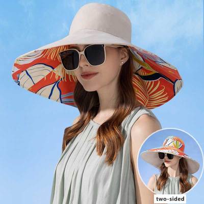 [hot]18cm Large Brim Women Sun Hat Luxury Double Sided Wearable Plant Printing Cotton Bucket Cap Light Breathable Summer Top Hat