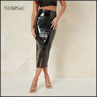 Autumn Faux Latex Leather Midi Skirts Women y Skinny High Waist PU Skirts Large Size Back Hems Split Fashion Bodycon Custom