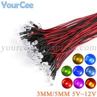 50pcs 5V 12VDC F3 F5 3mm 5mm Water Clear LED Diodes Red/Green/Blue/Yellow/UV/Orange/Pink/Warm/White/RGB Pre Wired 20cm Cable