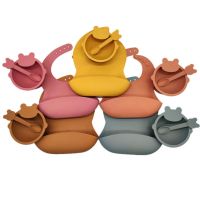 3 Pcs Baby Silicone Bib Sucker Bowl Spoon Set Training Feeding Food Dinner Plate Dish Utensil Tableware Kit for Newborn