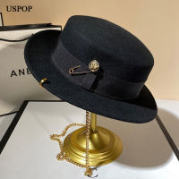 USPOP New Winter Hats Women Black Metal Chain Fedoras Fashion Letter Pin-decorated Wool Hat