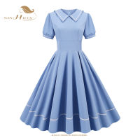 SISHION Hepburn Light Blue 50S 60S R Vintage ชุด VD3309 Swing A Line แขนสั้นผู้หญิงชุดลำลอง