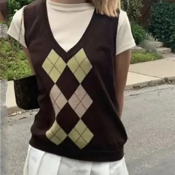 Sweater Vest Cropped Womens Small Purple Green Preppy Collegiate Argyle