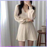 【Ladies shop】 Elegant Lantern SleeveKnitted Dresses สำหรับผู้หญิง2022อารมณ์ V คอเสื้อ