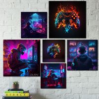 2023▦ Mask Samurai Punk Neon Gamepad Gamer Controller Video Gaming Poster For Wall Art Esports Game Kawaii Room Decor Canvas Painting