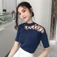 Korean Style Chic Hollow Straps Slanted Shoulder Short-Sleeved T-Shirt Womens Bottoming Shirt Summer Solid Color Slim Knitted Sweater Top Trendy