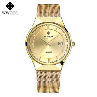 WWOOR Luxury Ultra Thin Mens Quartz Wristwatches Waterproof Casual Sports Mesh Steel Gold Automatic Date Watch Relogio Masculino