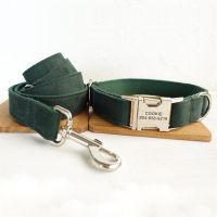 ℗♧¤ Personalized Pet Collar Customized Nameplate ID Tag Adjustable Soft Green Suede Fabric Cat Dog Collars Lead Leash