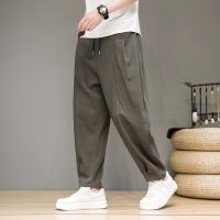 、’】【= New Mens Summer Ice Silk Pants Linen Casual Pants Nine-Point Sweatpants Fashion Men Draped Loose Pants