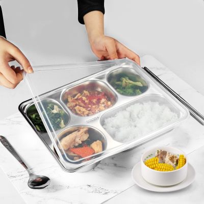 ۞◘┋ Stainless Steel Dinner Plate Divided Dinner Tray with Lid Food Storage Container Children School Canteen Tray Kitchen Tableware