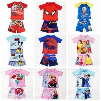 ❀ Kid Baby Girl Swimwear T Shirt Top Short 2pcs Set Spiderman Frozen Anna Elsa Pixar Cars Mickey Swimming Boy Beachwear Swimsuit