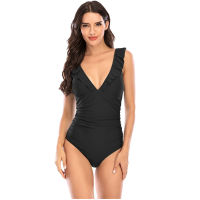 Solid Black Ruffled One-piece Swimsuit Women Sexy Lace up Monokini Swimwear  New Girl Beach Bathing Suits