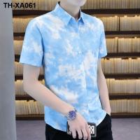 Han edition leisure ins tie-dye shirts mens short-sleeved summer super fire printing t blue gradient boom