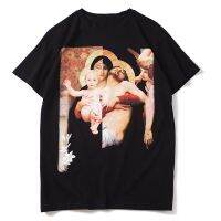 2023NewMadonna Embrace พระเยซูเสื้อยืดตลก Virgin Mary Mens Hip Hop สบายๆผ้าฝ้ายแขนสั้นเสื้อยืดชาย Streetwear Tees