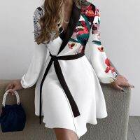 HOT★Dress Women Summer Europe United States Fashion Temperament Printed long-sleeve Waist Lace Dresses Casual Vestidos HDM21688