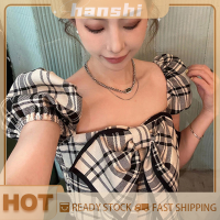 hanshi [2023 new HOT FASHION] lazlook เสื้อลายสก๊อตผูกโบว์ย้อนยุคสำหรับผู้หญิงเสื้อครอปแขนสั้นคอกลมทรงเข้ารูปสำหรับฤดูร้อน