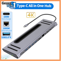 GEORG 12 in 1 อะแดปเตอร์ USB 3.0 Pd ชาร์จ ที่วางโทรศัพท์ แท่นวาง ฮับ USB Type-C กิกะบิตอีเธอร์เน็ต 4K HDMI คู่