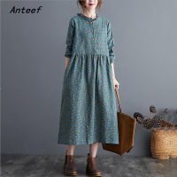 long sleeve cotton linen ruffle vintage floral dresses for women casual loose woman spring autumn dress elegant clothes