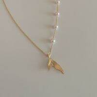 Pearl gold chain necklace with fish tail pendant - สร้อยคอโซ่ทองมุกกับจี้หางปลา