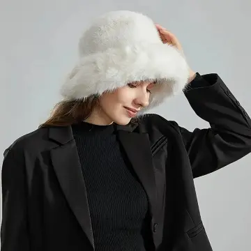 2024 New Korean Solid Fisherman Hat Winter Faux Fur White Black