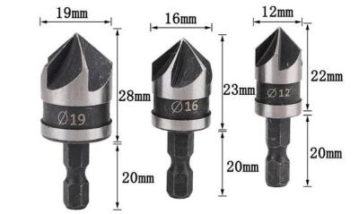 3ชิ้น1/4 Hex 5ขลุ่ยเหล็กเจาะซิงค์เคาน์เตอร์ชุดบิต90องศามุมเครื่องมือขัดเครื่องตัดเลื่อยหลุมสำหรับไม้โลหะ12/16/19มม.