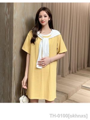 ◎ Vestido listrado verde amarelo maternidade com lenço capuz verão manga curta mulher grávida algodão vestido gravidez roupas 2023