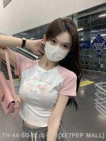 ℡ Small sweet age-reducing contrasting printed t-shirt high-waisted navel-baring American hottie ins pink short-sleeved womens top summer