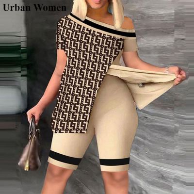 ♠❂ Summer Fashion Printing Two Piece Set Women Sexy Diagonal Collar Off shoulder Split Tshirt Shorts Two Piece Suit Women