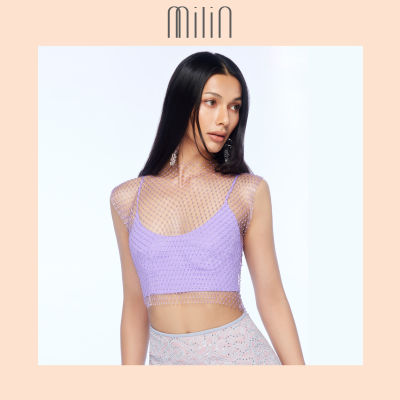 [MILIN] Netted crystal overlay scoop neck spaghetti strap crop top เสื้อสายเดี่ยว ทรงครอป คลุมตาข่าย คริสตัล แขนล้ำ Angio Top สีดำ/ สีขาว Black/ White