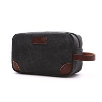 women Canvas Cosmetic box with Leather Handle Travel Men makeup purse organizer for cosmetics bags zipper pouch