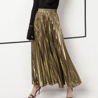 ☋ Xpqbb 2022 Spring Summer Pleated Skirt for Women Fashion High Waist A-Line Long Skirt Woman Gold Silver Big Hem Beach Midi Skirt