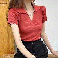 Ice Silk Ribbed POLO Short Sleeve T-Shirt Chic Red Slim Urbane Casual Design Aesthetic Beautiful Woman Blouse Summer Clothing