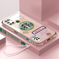 เคสเคสมือถือสำหรับ7i Realme/C17 Realme มีฟรีสายคล้อง + โลโก้ Starbucks แฟชั่นปลอกขอบสี่เหลี่ยมชุบฝาหลังนิ่ม