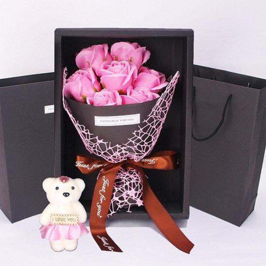 Hoa hồng sáp 7 bông có gấu loại tốt đẹp thơm tự nhiên - giao mẫu ngầu nhiên - ảnh sản phẩm 1