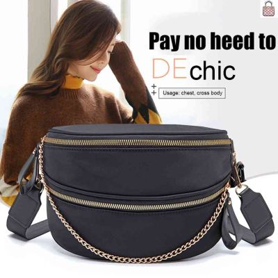 [Fast Delivery] Fashion Crossbody Bags Double Zipper Chain Solid Color Money Hip Pouch PU Leather Small for Travel Outdoor Holiday Daily Wear