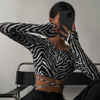 Simon ผู้หญิงแฟชั่น Crop Tops สีทึบ /Zebra Stripe พิมพ์รอบคอยาวแขนเสื้อยืด Cross Tie-Up Backless Streetwear